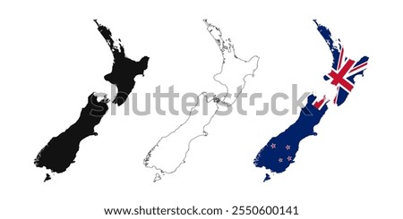 New Zealand map set on white background. New Zealand Map with Flag, black map and outline map.