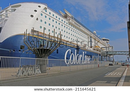 Kiel, Germany - July 28, 2014: The Ship Color Magic of Color Line is ready to be loaded at the Norway pier at the harbor in Kiel.