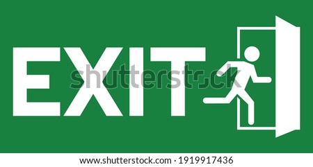 emergency fire exit sign with running man icon to door. green color.warning sign plate