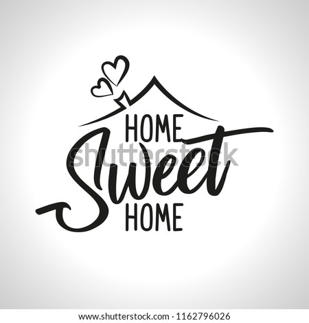 Home Sweet Home - Typography poster. Handmade lettering print. Vector vintage illustration with house hood and lovely heart and incense chimney. 