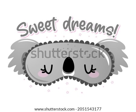 Sweet dreams - funny hand drawn doodle. sleeping mask, stars, hearts. Cartoon background, texture for bedsheets, pajamas. Adorable coala bear sleeping mask with long lashes.