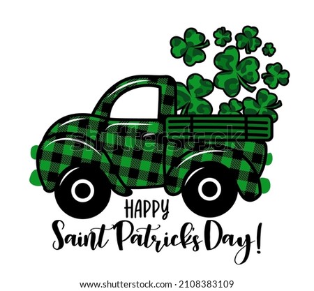 Happy Saint Patrick's Day! - Calligraphy phrase. Lettering for Lucky day greeting cards, invitations. Good for t-shirt, mug, gift, printing press. Buffalo plaid pickup carry  leopard Shamrocks Foto stock © 