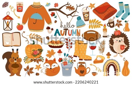 Hello Autumn - cute animal characters and garden elements. A scrapbook collection of fall season elements. Cozy sweater, american footbal ball, woodland characters. Fully fall feeling.