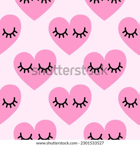False lashes pattern on pink background - funny hand drawn doodle, seamless pattern. sleeping hearts. Cartoon background, texture for bedsheets, pajamas.