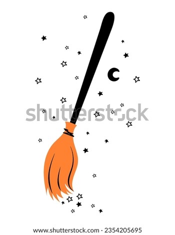 Cute witch's broomstick - Vector illustration, hand drawn magic design element. Good for t-shirt, mug, scrap booking, gift, printing press. Holiday quotes. Witch's hat, broom.