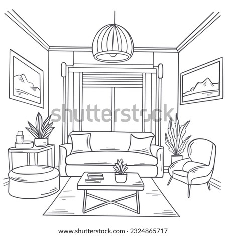 Abstract living room interior simple hand drawn illustration. Lounge with sofa, window, paintings, houseplants, carpet and chair. Living room in an apartment or house, black and white sketch, vector