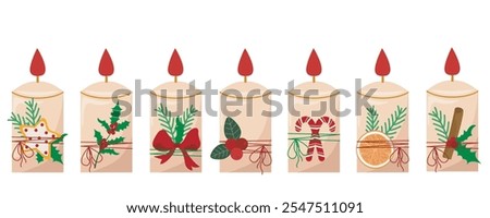 Set of festive winter candles. Burning candles decorated with berries, holly leaves, candy cane, gingerbread, bow, cinnamon stick, orange slice. Cozy burning, holiday decoration, vector graphics 