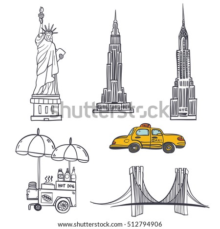 Hand drawn seamless vector pattern with symbols of New York City, statue of liberty, hot dog stand, Brooklyn bridge, Chrysler building, Empire State Building