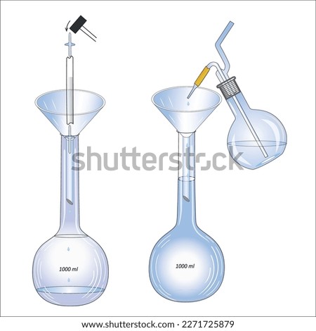 2d illustration of a chemical experiment: the process of preparing a fixanal solution in two volumetric flasks using a funnel and hammer, a glass striker and a flask with distilled water for washing