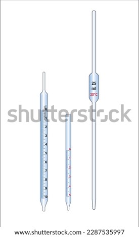 2D illustration of two graduated pipettes, 10 ml, 5 ml and a Mohr pipette 25 ml