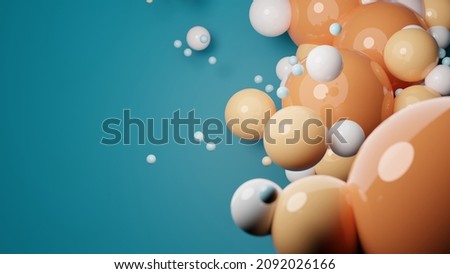 Foto Bild Floating suspendiert orange weiße Kugeln in blauem Hintergrund.3D-Render glänzende Kugeln.Pastellfarben pantone. Abstrakter Hintergrund. Wissenschaft Physik Nano-Rendering Kugeln moderne Kunst pop.Copy Raum Raum