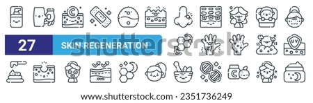 set of 27 outline web skin regeneration icons such as moisturizer, skin firming, collagen, cell regeneration, wound, hole, therapy, night cream vector thin line icons for web design, mobile app. Foto d'archivio © 