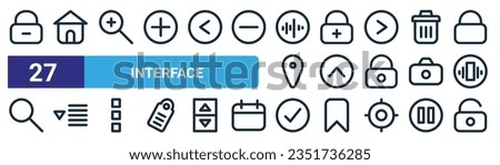 set of 27 outline web interface icons such as padlock, home button, find, padlock, up chevron, option, check button, padlock vector thin line icons for web design, mobile app.