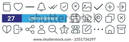 set of 27 outline web user interface icons such as book, heart, minus, image, eye,  , group, box vector thin line icons for web design, mobile app.