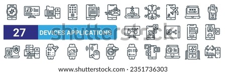 set of 27 outline web devices applications icons such as magnetometer, music, data storage, accelerometer sensor, video call, database, clock, coding vector thin line icons for web design, mobile
