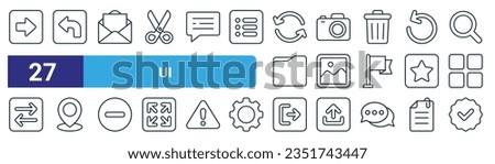 set of 27 outline web ui icons such as right, left arrow, open email, camera, image, map pointer, exit, checklist vector thin line icons for web design, mobile app.