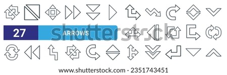 set of 27 outline web arrows icons such as loop, expand, four arrows, down right, left arrow, left arrows, three up chevron vector thin line icons for web design, mobile app.