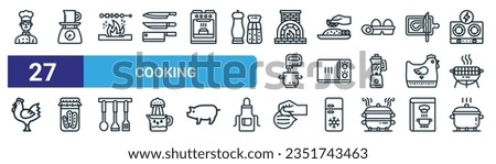 set of 27 outline web cooking icons such as chef, weight scale,  , dish, microwave, zucchini, peel, boil vector thin line icons for web design, mobile app.