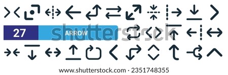 set of 27 outline web arrow icons such as chevron, diagonal arrow, unfold, fold, chevron, down arrow, down right up chevron vector thin line icons for web design, mobile app.