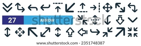 set of 27 outline web arrow icons such as chevron, up right arrow, up left arrow, right, unfold, maximize, left, minimize vector thin line icons for web design, mobile app.