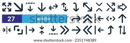 set of 27 outline web arrow icons such as maximize, down right arrow, down arrow, diagonal up chevron, diagonal right, switch vector thin line icons for web design, mobile app.