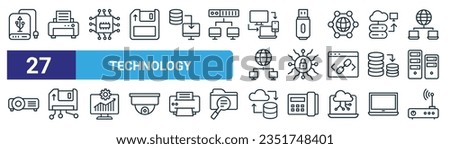 set of 27 outline web technology icons such as external harddisk, printer, microchip, usb, network security, floppy disk, cloud hosting, router vector thin line icons for web design, mobile app.