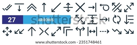 set of 27 outline web arrows icons such as check mark, move, up chevron, align right, minimize, bottom left, y intersection, bottom right vector thin line icons for web design, mobile app.