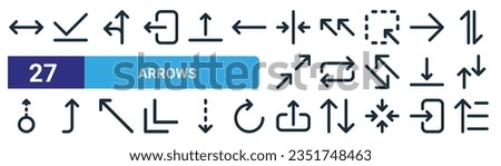 set of 27 outline web arrows icons such as left right, check, junction, top left, loop arrow, up arrow, export, sort ascending vector thin line icons for web design, mobile app.