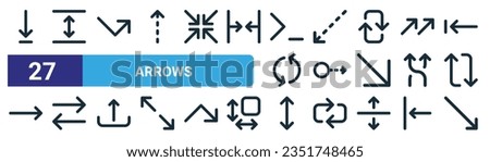 set of 27 outline web arrows icons such as down arrow, distribute spacing vertical, uptrend, bottom left, swipe right, left right, up down, bottom right vector thin line icons for web design, mobile