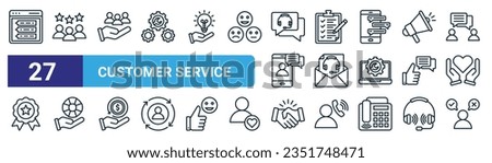 set of 27 outline web customer service icons such as forum, customer experience, customer, clipboard, mail, help, handshake, complaint vector thin line icons for web design, mobile app.