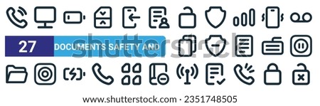 set of 27 outline web documents safety and icons such as ring, computer, low battery, shield, shield minus, disk, tower, lock vector thin line icons for web design, mobile app.