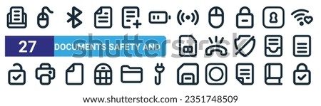 set of 27 outline web documents safety and icons such as document, mouse,  , mouse, ring, printer, card, lock vector thin line icons for web design, mobile app.