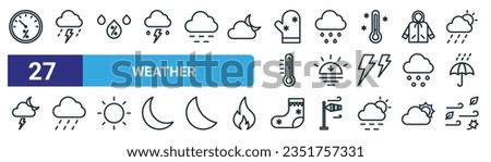 set of 27 outline web weather icons such as hygrometer, thunderstorm, humidity, rain, sun, drizzle, sock, wind vector thin line icons for web design, mobile app.