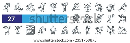 set of 27 outline web s icons such as flame, football, dribbling, skiing, diving, golf, canoe, diving vector thin line icons for web design, mobile app.