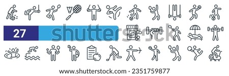 set of 27 outline web s icons such as kick off, gymnastics, badminton, badminton, barbell, diving, archery, stationary bicycle vector thin line icons for web design, mobile app.