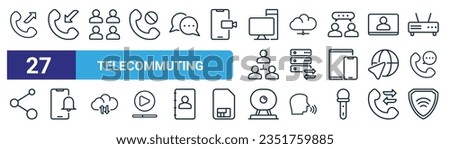 set of 27 outline web telecommuting icons such as outcoming call, incoming call, community, data center, data transfer, notification bell, web camera, vpn vector thin line icons for web design,