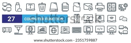 set of 27 outline web computer function icons such as data transfer, flash disk, text, email, video, d printing, keyboard, data share vector thin line icons for web design, mobile app.