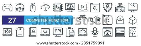 set of 27 outline web computer function icons such as gamepad, headphones, mouse, search, volume, micro card, cloud, harddisk vector thin line icons for web design, mobile app.