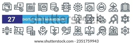 set of 27 outline web digital asset management icons such as ads, digital as, artificial intelligence, acceleration, digital as, networking, procession vector thin line icons for web design, mobile