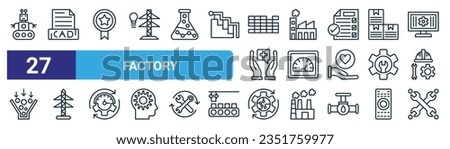 set of 27 outline web factory icons such as robot arm, cad, quality, factory, meter, electric tower, process, maintenance vector thin line icons for web design, mobile app.