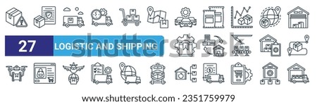 set of 27 outline web logistic and shipping icons such as fragile, insurance, delivery truck, packaging, supply chain, web, reverse, distribution vector thin line icons for web design, mobile app.