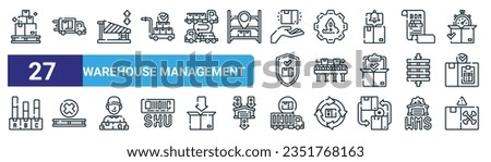 set of 27 outline web warehouse management icons such as inventory, shipping, dock leveler, damage, conveyor system, stockout, carrier, dead stock vector thin line icons for web design, mobile app.