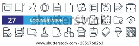 set of 27 outline web documentation icons such as website, paper, torn page, sheet, folder, notes, scroll, kanban vector thin line icons for web design, mobile app.