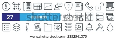 set of 27 outline web business icons such as exclamation mark, network, telephone, contacts, database, layers, list, water vector thin line icons for web design, mobile app.