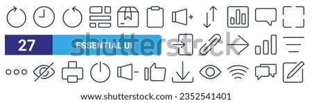 set of 27 outline web essential ui icons such as rotate right, clock, rotate left, internet, link, hide, download, write vector thin line icons for web design, mobile app.
