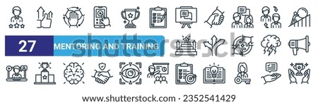 set of 27 outline web mentoring and training icons such as role model, motivation, team, support, direction, win, goal, succcess vector thin line icons for web design, mobile app.