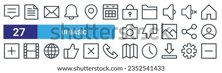 set of 27 outline web ui basic icons such as chat, document, envelope, folder, dislike, movie, map, minus vector thin line icons for web design, mobile app.