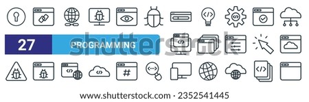 set of 27 outline web programming icons such as keyhole, link, website, light bulb, browser, bug, responsive de, application vector thin line icons for web design, mobile app.