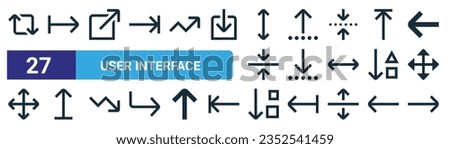 set of 27 outline web user interface icons such as repeat, right arrow, up right, up arrow, down arrow, up, sort, right vector thin line icons for web design, mobile app.