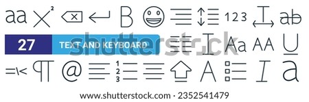 set of 27 outline web text and keyboard icons such as lowercase, superscript, delete, line adjustment, cursor text, paragraph, caps lock, lowercase vector thin line icons for web design, mobile app.